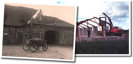Der alte Hof in der Ortsmitte nach dem Sturm und der Wiederaufbau nach der Aussiedlung